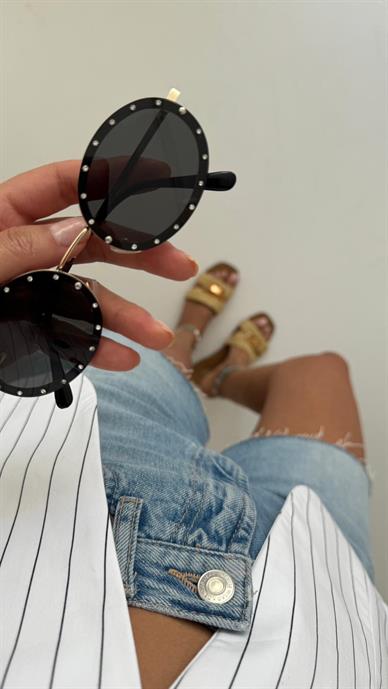 Sıralı Taşlı Siyah Oval Gözlük(8009)