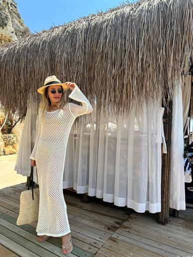 Sırtı Açık Ajurlu Ekru Triko Elbise