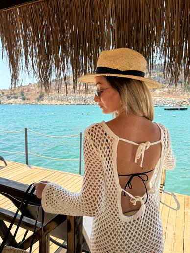 Sırtı Açık Ajurlu Ekru Triko Elbise