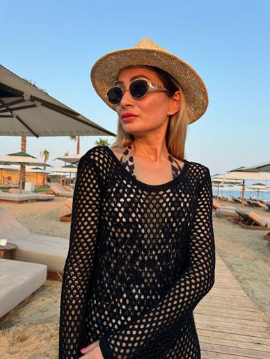 Sırtı Açık Ajurlu Siyah Triko Elbise