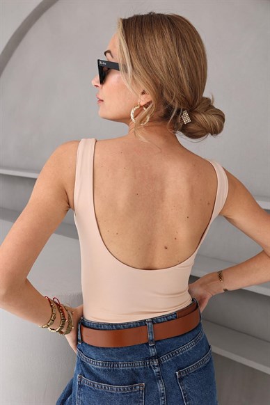 Sırtı Açık Krem Buzzy Bodysuit