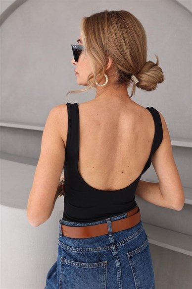 Sırtı Açık Siyah Buzzy Bodysuit