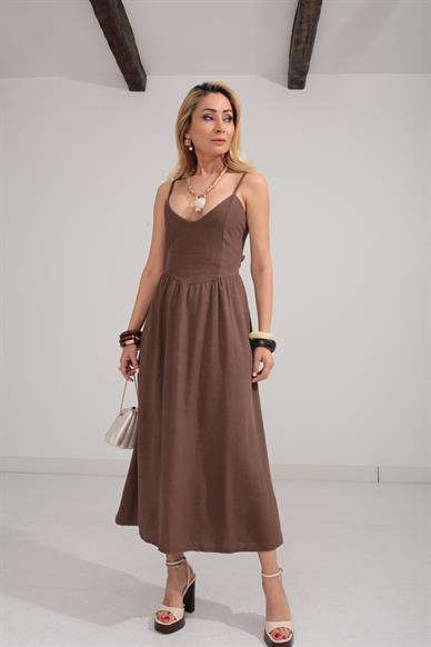 Sırtı Bağlamalı Kahve Astarlı Elbise