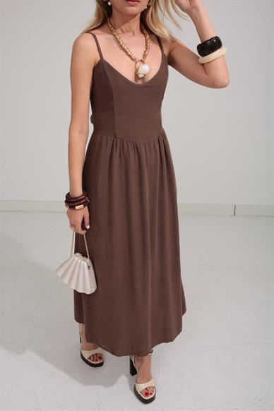 Sırtı Bağlamalı Kahve Astarlı Elbise