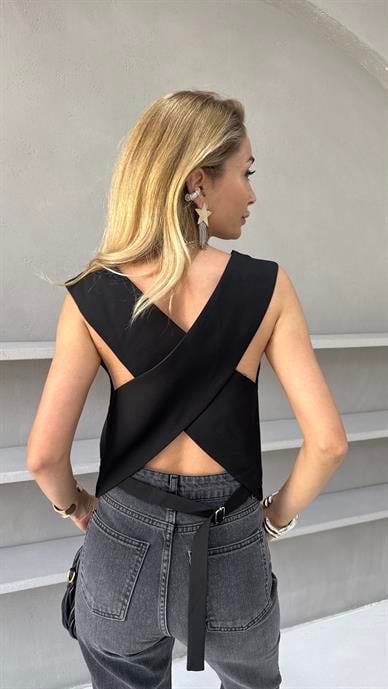 Sırtı Çarpraz Siyah Kumaş Yelek