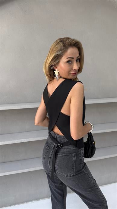 Sırtı Çarpraz Siyah Kumaş Yelek