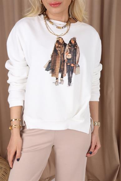 Sırtı Poplin Kadın Baskılı Beyaz Swaetshirt