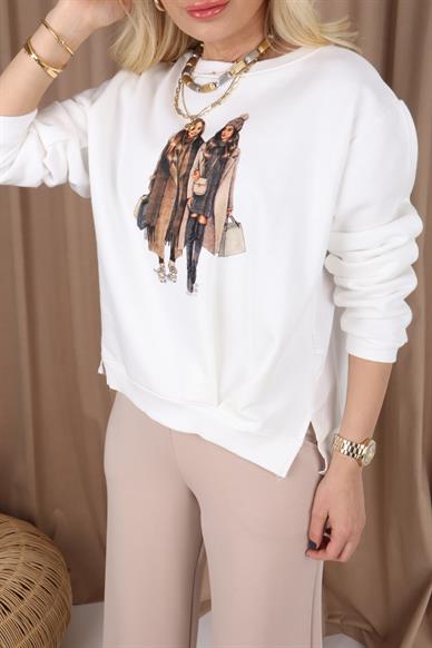 Sırtı Poplin Kadın Baskılı Beyaz Swaetshirt