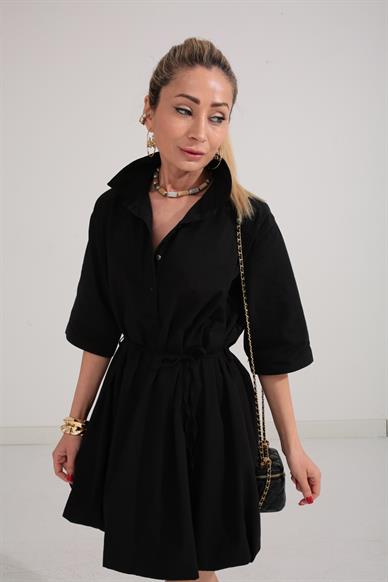 Siyah Balon Etekli Gömlek Elbise