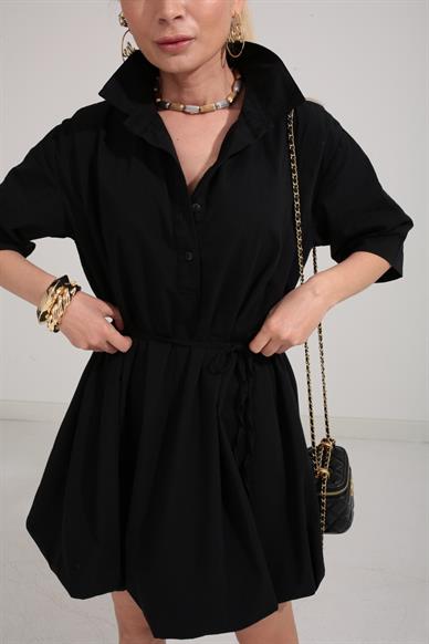 Siyah Balon Etekli Gömlek Elbise