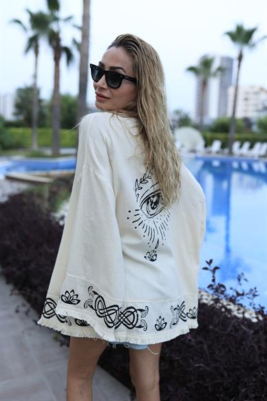 Siyah Baskılı Kısa Keten Kimono