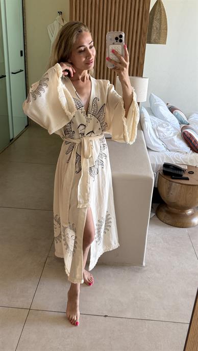 Siyah Baskılı Naturel Kimono