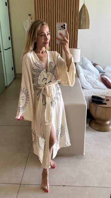 Siyah Baskılı Naturel Kimono