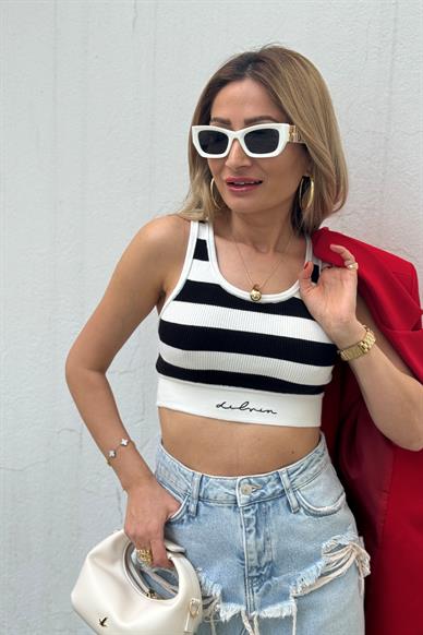 Siyah Beyaz Çizgili Triko Crop
