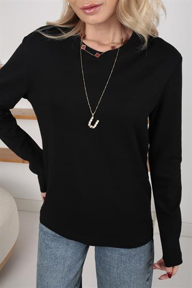 Siyah Bsiklet Yaka Uzun Kol İnce Sweatshirt