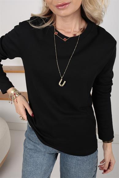Siyah Bsiklet Yaka Uzun Kol İnce Sweatshirt