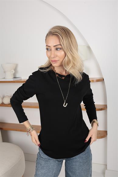 Siyah Bsiklet Yaka Uzun Kol İnce Sweatshirt