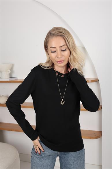 Siyah Bsiklet Yaka Uzun Kol İnce Sweatshirt