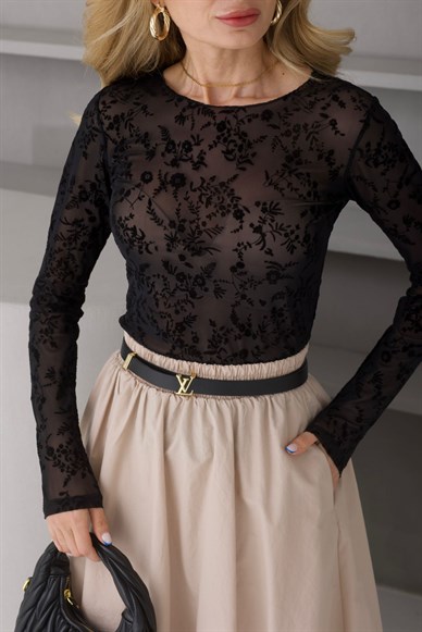 Siyah Çiçekli Tül Bluz