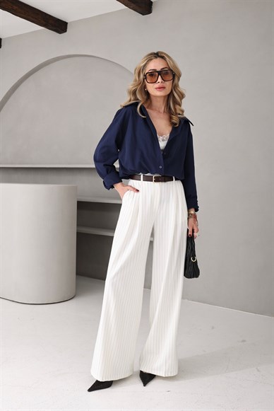 Siyah Çizgili Beyaz Bol Paça Pantolon