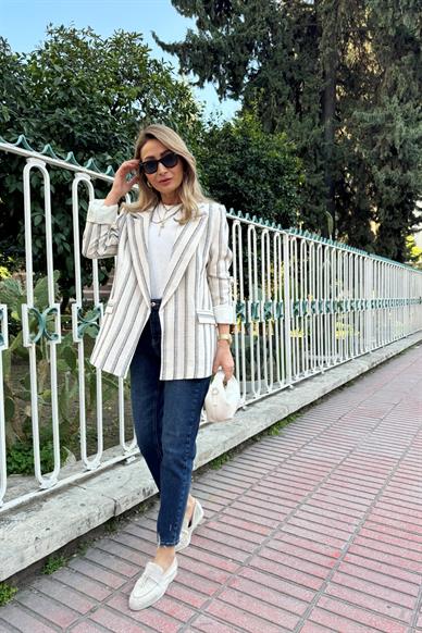 Siyah Çizgili Naturel Keten Ceket