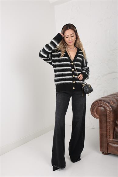 Siyah Çizgili Tüylü Hırka