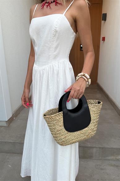 Siyah Deri Detay İthal Hasır Çanta