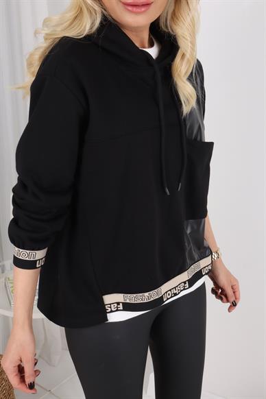 Siyah Deri Detay Kapişonlu Sweatshirt