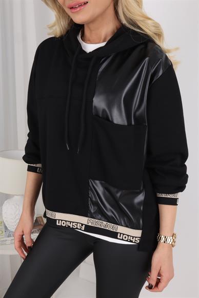 Siyah Deri Detay Kapişonlu Sweatshirt