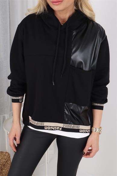 Siyah Deri Detay Kapişonlu Sweatshirt