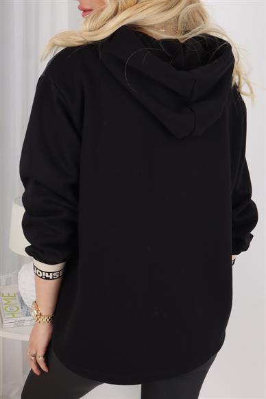 Siyah Deri Detay Kapişonlu Sweatshirt