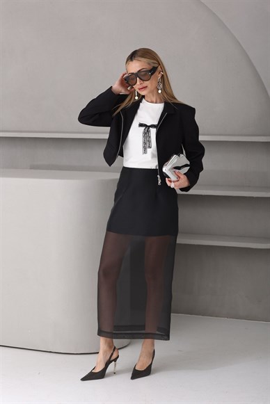 Siyah Derin Yırtmaçlı Organize Etek