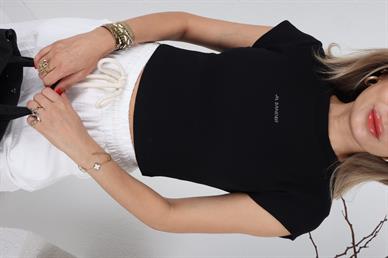 Siyah Fitilli Jil Sander Taşlı Crop Tshirt