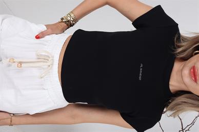 Siyah Fitilli Jil Sander Taşlı Crop Tshirt