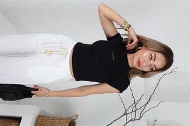 Siyah Fitilli Jil Sander Taşlı Crop Tshirt