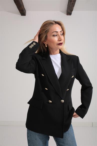 Siyah Gold Düğme Kruvaze Blazer Ceket