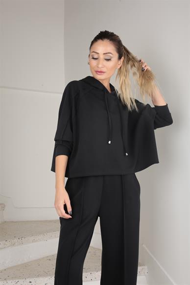 Siyah Kapişonlu Modal Kumaş Spor Takım