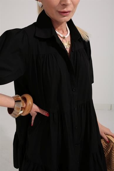Siyah Katlı Gömlek Elbise