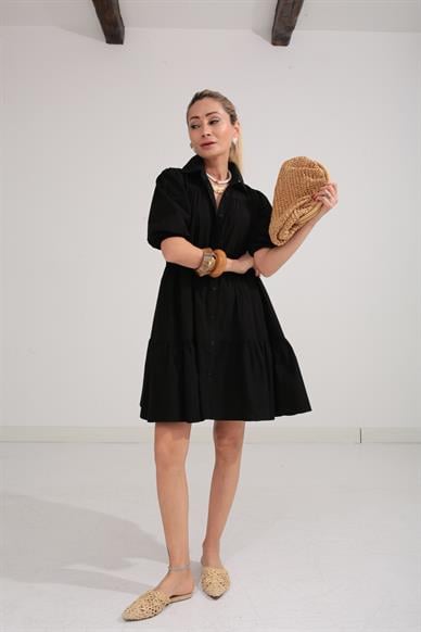 Siyah Katlı Gömlek Elbise