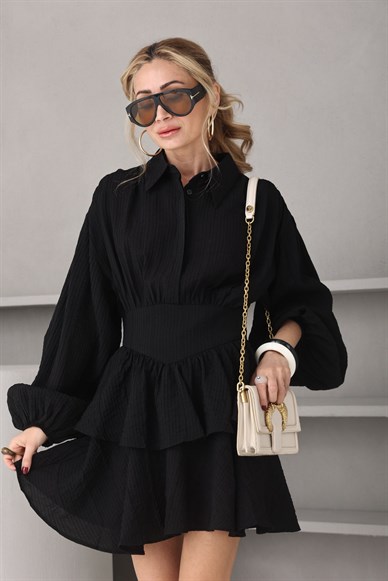 Siyah Katlı Krinkıl Elbise