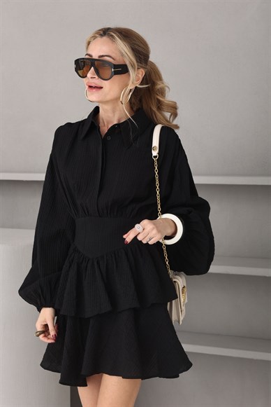 Siyah Katlı Krinkıl Elbise