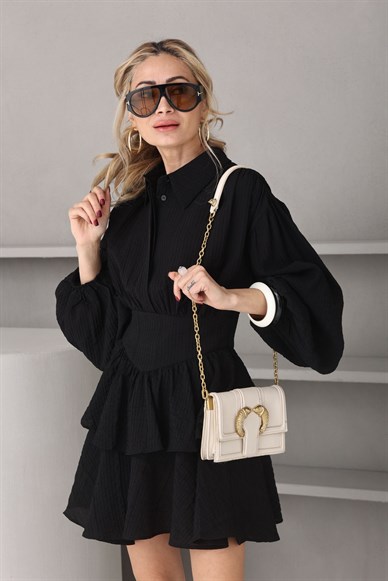 Siyah Katlı Krinkıl Elbise