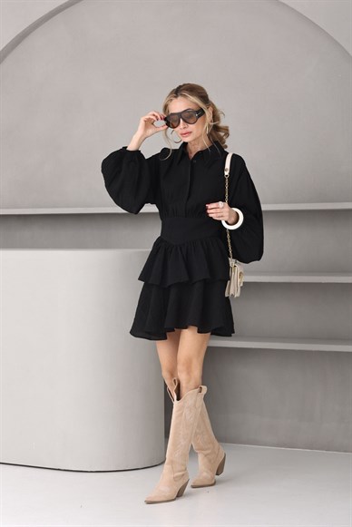 Siyah Katlı Krinkıl Elbise