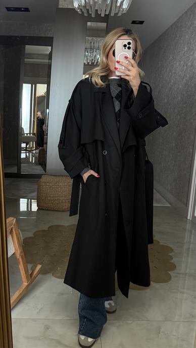 Siyah Kemerli Oversize Trençkot