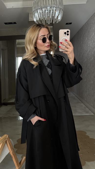 Siyah Kemerli Oversize Trençkot