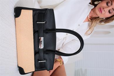 Siyah Kilitli Hasır Büyük İthal Çanta