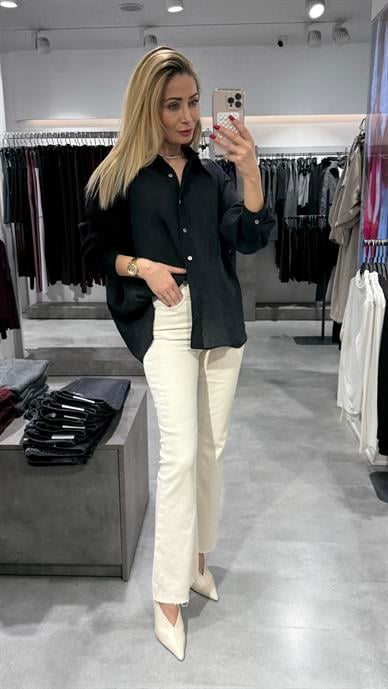 Siyah Kırışık Oversize Gömlek