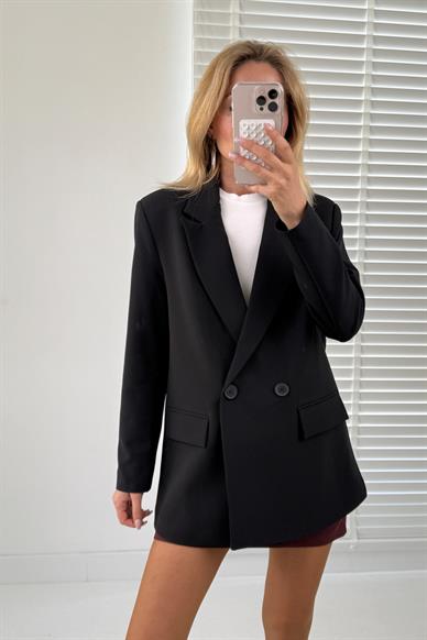 Siyah Kruvaze Kapak Cepli Blazer Ceket