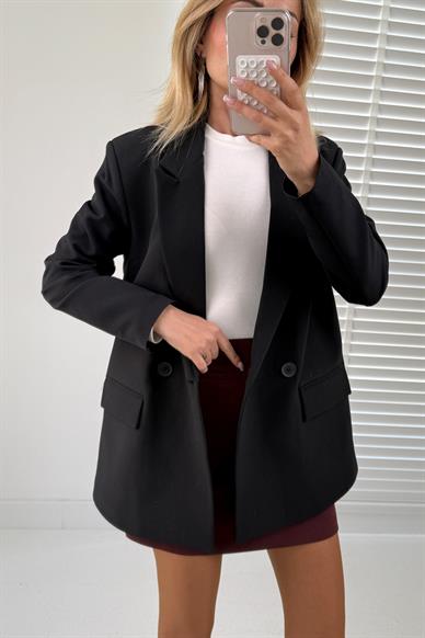 Siyah Kruvaze Kapak Cepli Blazer Ceket