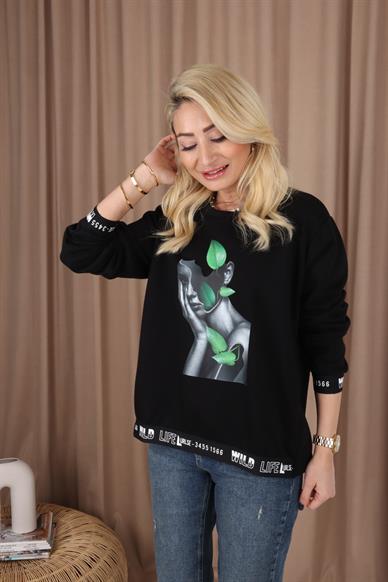Siyah Lastik Detay Sweatshirt